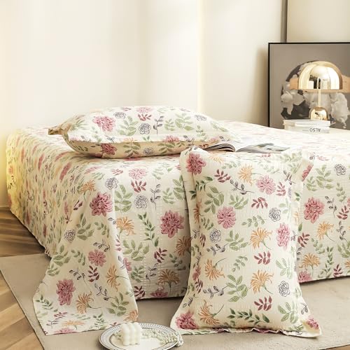 Story@Home King Size Bedsheet | Cloud Cotton Flatsheet King Size with Two Pillow Covers| 300 TC | Super Soft Bed Sheet for King Size Bed | Floral Design (270 x 250 cm, Off White & Pink)