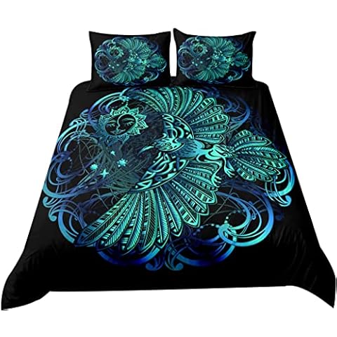 YCYR Norse Mythology Viking Print Celtic Raven Bedding Set, 3 Pcs Crow Queen Bed Comforter Quilt Covers & Pillowcase for Bedchamber,Black,200 X 229 cm Cover