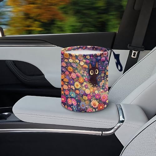 Image of Colorful Floral Cat Car Trash Can Collapsible Waste Basket Bin Multipurpose for Car Hanging Portable Garbage Bin Universal