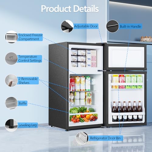Image of Electactic 2.5 Cu.Ft Mini Fridge with Freezer, Double-Door Compact Refrigerator, Adjustable Glass Shelves, Mechanical Thermostat & Leveling Feet, Space-Saving for Apartment /Dorm /Office, Black