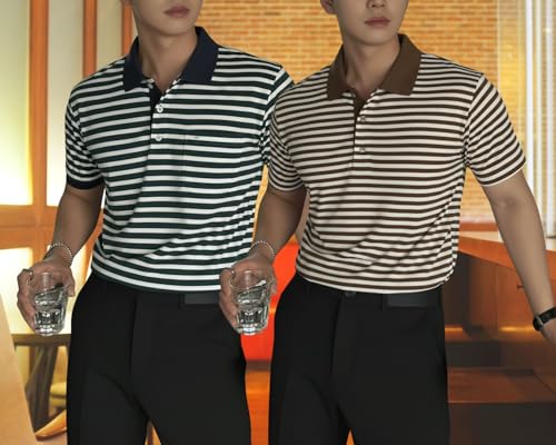 Image of MACK JONNEY Men's Cotton Polo T-Shirt | Regular Fit | Short Sleeve | Striped Casual Wear | Pack of 2 -MJ-1