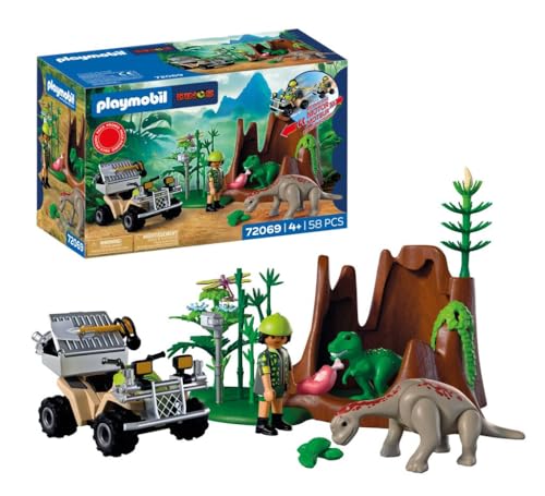 Playmobil Dinos Cachette des Dinosaures, Explorateur de Dinosaures avec Quad, bébé T-Rex et bébé Brachiosaure, Jouet pour Enfants à partir de 4 Ans, 72069
