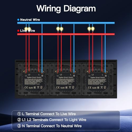 BSEED Tripel Smart Zigbee Schalter mit Steckklemme,Smart Lichtschalter Funktioniert mit Alexa & Google Home,Timing-Funktion, PC Rahmen,Zigbee Hub & Neutralleiter Erforderlich,2 Fach 1 Weg,Schwarz