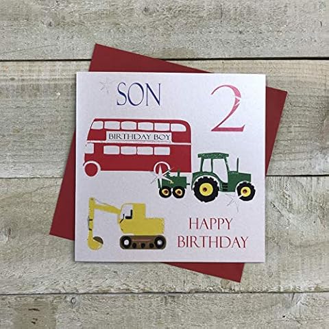WHITE COTTON CARDS Bus, Tractor, Digger, Son 2 Happy Handmade Boys 2nd Birthday Card, Ns2V Cover