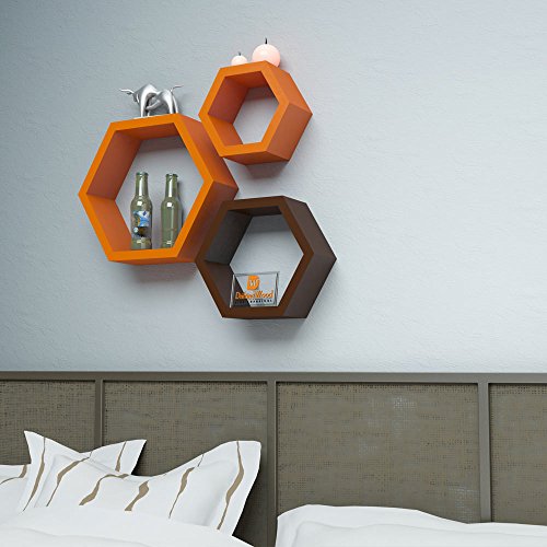Image of DRIFTINGWOOD Wall Shelf Rack Hexagon Shape Storage Wall Shelves Set of 3 - Orange & Brown