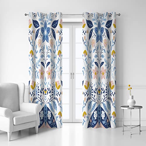 Orediy Verdunkelungsvorhänge Fenstervorhänge Thermoisolierte Vorhänge Blau Motten Blumen 2 Paneele Ösenvorhänge für Wohnzimmer Schlafzimmer 140 x 213 cm Cover