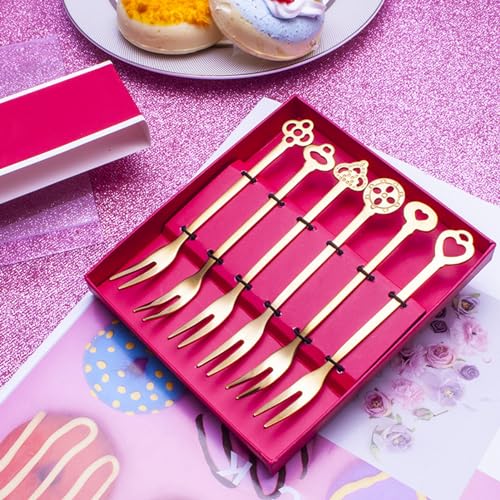 AYNEFY 5pcs Stainless Steel Fruit Forks Set 2 Prong Small Appetizer Dessert Forks Gold Dishwasher Safe Rustproof for Cocktail Party Wedding Picnic