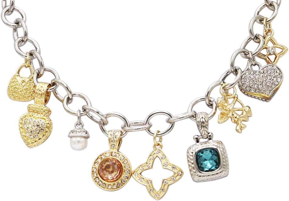 Rosemarie & Jubalee Two-Tone Trending Charm Link Necklace, Silver and Gold with CZ Stones, Classic Style, 18-20"