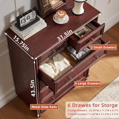Farmhouse 6 Drawer Dresser Set of 2, Red Oak Chest of Drawers, 43.5" Tall Dressers for Bedroom with Roman Column and Metal Handles, Rustic Wood Storage Organizer for Living Room, Hallway, Closet