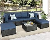 HTTH 7 Piece Patio Rattan Sofa Set - All Weather Garden Sectional - Blue