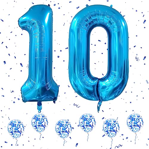Ousuga Number 10 Balloons - Blue, 40 Inch Large Digital Helium Foil Mylar Birthday Balloons with 6Pcs Blue Confetti for 10th Boys Girls Birthday Anniversary Party Decorations