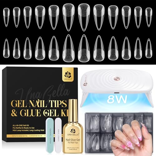 Image of UNA GELLA Medium Stiletto Gel Tips Nail Kit, Pre-Etched Nail Tips 120PCS | Stiletto Nail Tips with Gel Glue, Mini U V LED Lamp, Soft Press-On Nails, 12 Sizes DIY Nail Extension Set for Home Salon Gift