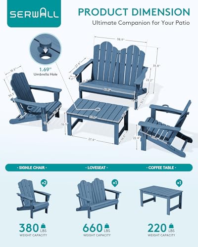 Image of SERWALL 5-Pc HDPE Adirondack Set, 2 Chairs, 2 Benches&1 Coffee Table, Navy