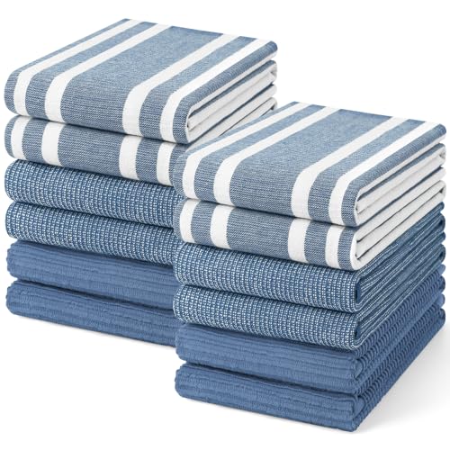 Image of Homaxy Premium Kitchen Towels(18 inchx 28 inch, 12 Pack), Large Cotton 380 GSM Kitchen Hand Towels, Soft and Absorbent Terry Dish Towels, Multipurpose Tea Towel Set with Hanging Loop, Navy Blue