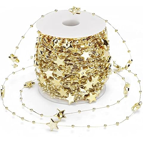 Numfate 99 Feet Christmas Tree Beads Garland Plastic Star Shape Strands Chain Artificial Beads String Roll for Christmas Tree Decoration Wedding Holiday Party Decoration DIY Crafts (Golden) Cover