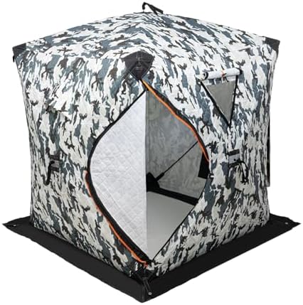 JooWing 2 Person Insulated Ice Fishing Shelter Pop-Up Portable Ice Fishing Tent with a door and two windows for camping, hiking, fishing, surfing, outdoor adventure 57.09*57.09*64.96 in (Camouflage)