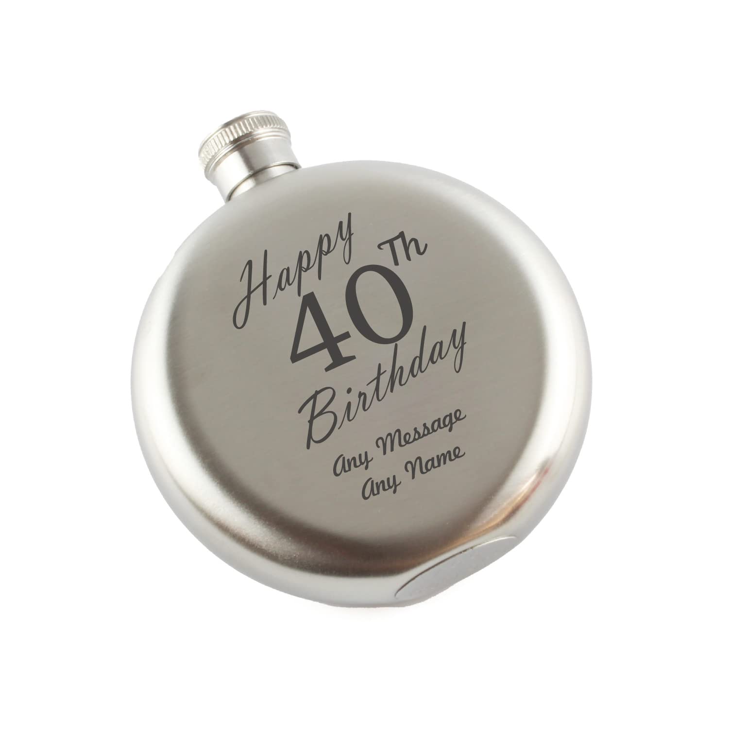 Personalised Engraved 5oz Round Silver Stainless Steel Hip Flask, Happy 40th Birthday Design, Gift for Him, Happy Birthday Gift, Laser Engraved in The UK