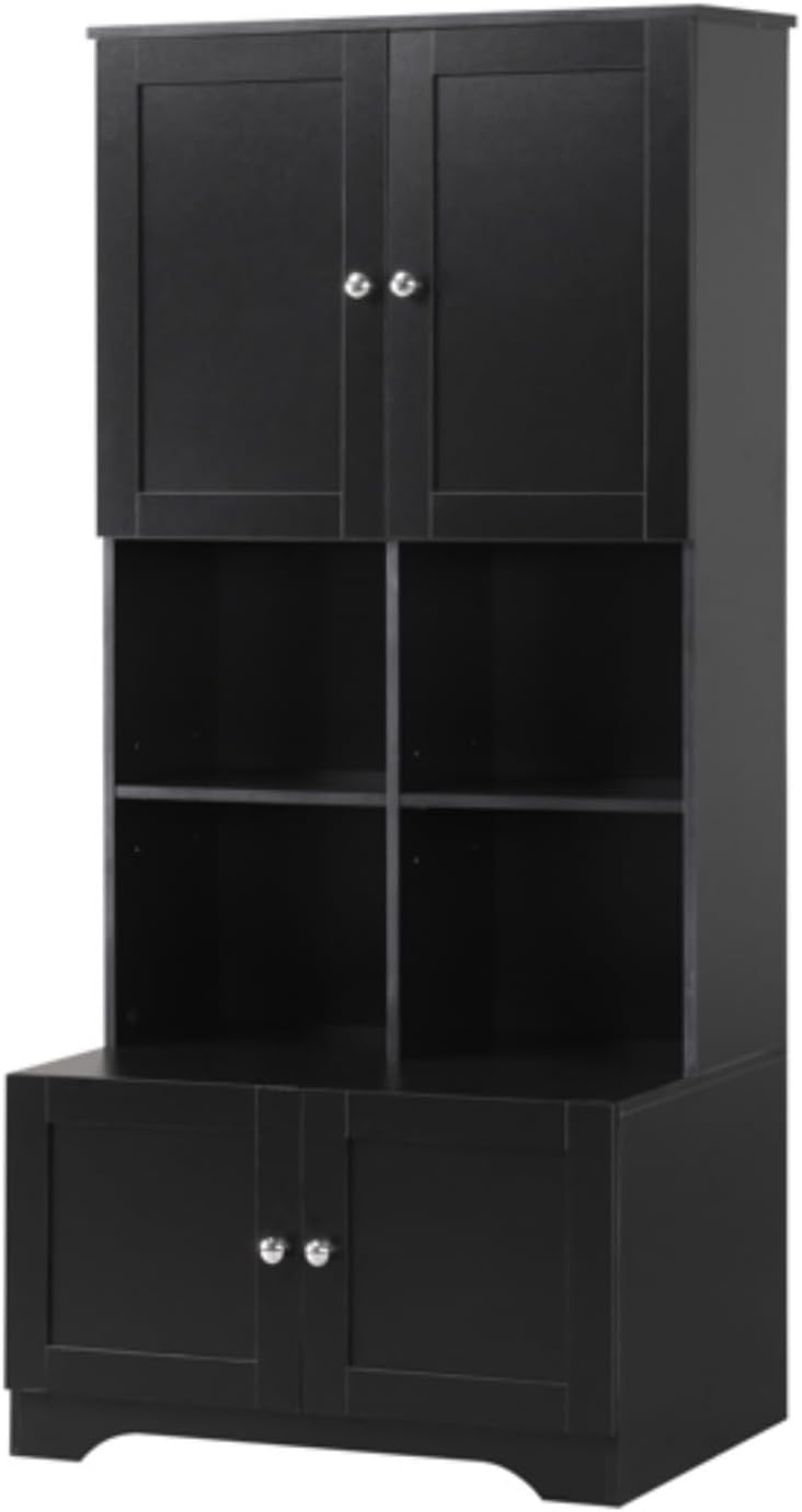 67" Tall Large Bathroom Floor-Standing Cabinet, Storage Cabinet, Bathroom Storage Unit, Freestanding Cabinet with 4 Doors, Adjustable Shelves, Open Multi-Level Shelves, Black