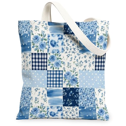 Image of Rose Canvas Tote Bag for Women, Spring Vintage Gingham Polka Dot Spring Blue Washable Reusable Graphic Tote Bag Ideas for S, Blue, 13x15 Inch