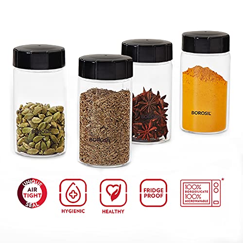Image of Borosil 250ml 4pc Neo Glass Spice Jar Set with PP Lid | Borosilicate Glass Storage Organiser | Microwave & Dishwasher Safe Kitchen Containers for Spices, Snacks, Grains, Dals | Transparent