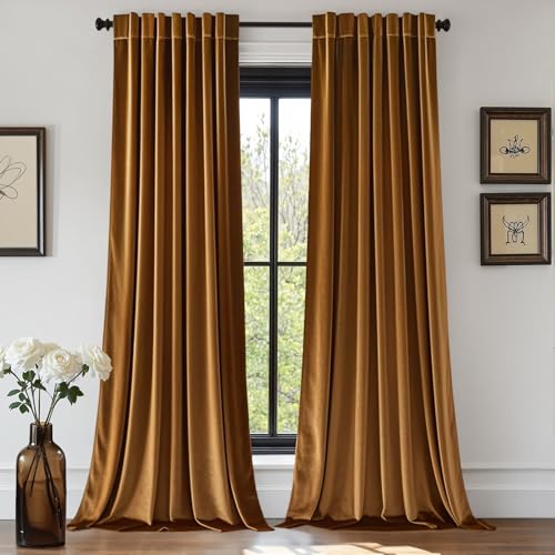 EMEMA Golden Brown Velvet Curtains 2 Panels W52xL96 Back Tab Rod Pocket by EMEMA - Used condition - US$44.63