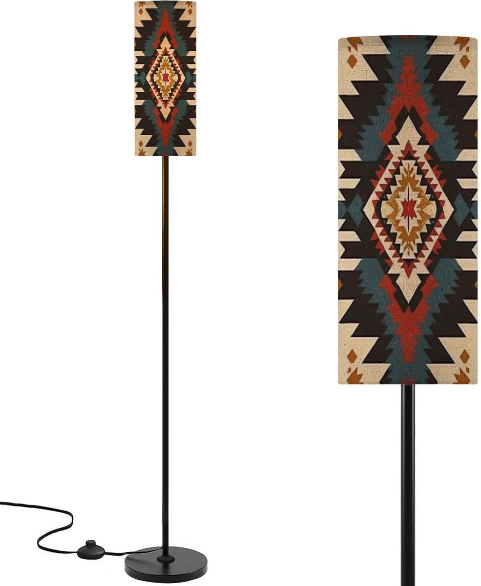 Modern Standing Lamps Southwestern Navajo Geometric Stripes Pattern Aztec Southwest Minimalist Floor Lamp Metal Pole Lamp with Linen Lampshade for Bedroom Living Room Office Reading