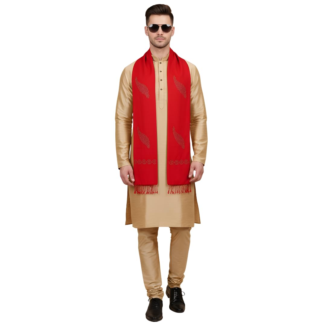Men Premium Wool Blend Embellished Men Stole with Refined Tasselled Hem -Red-image-29
