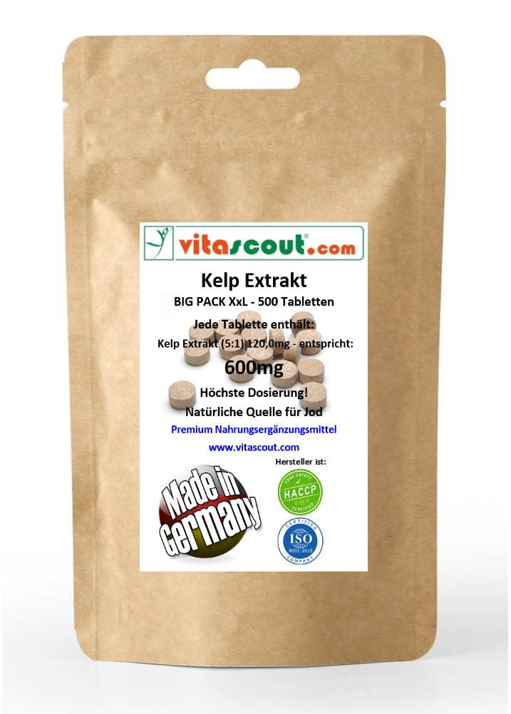 Kelp 600mg – 500 Tabletten (aus 120mg Extrakt 5:1) – Liefert bis zu 900µg Jod pro Tablette – Höchstdosiert – Ohne Magnesiumstearat