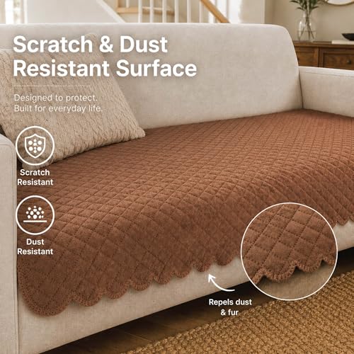 Image of HomeStrap 3 Seater Sofa Cover for Living Room | Quilted Velvet Sofa Cover with Polyester Back | Soft Lint-Free Sofa Seat Cover | Dust, Scratch Protection | Brown