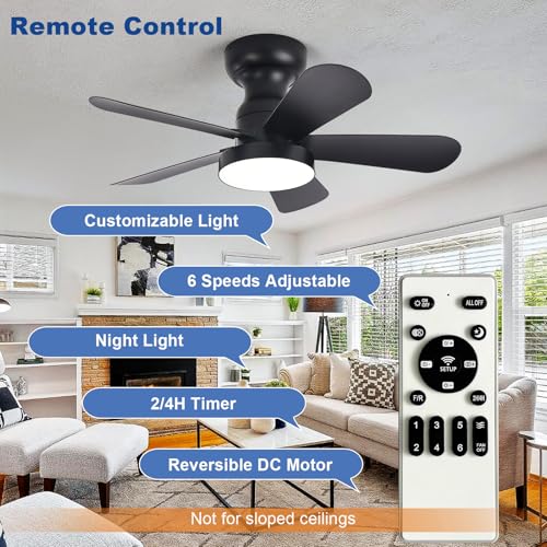 Image of Depuley Black Ceiling Fan with Lights: 28-Inch Flush Mount Fan with Light and Remote - Low Profile Ceiling Fans Reversible Quiet DC Motor for Bedroom Living Room Indoor Outdoor