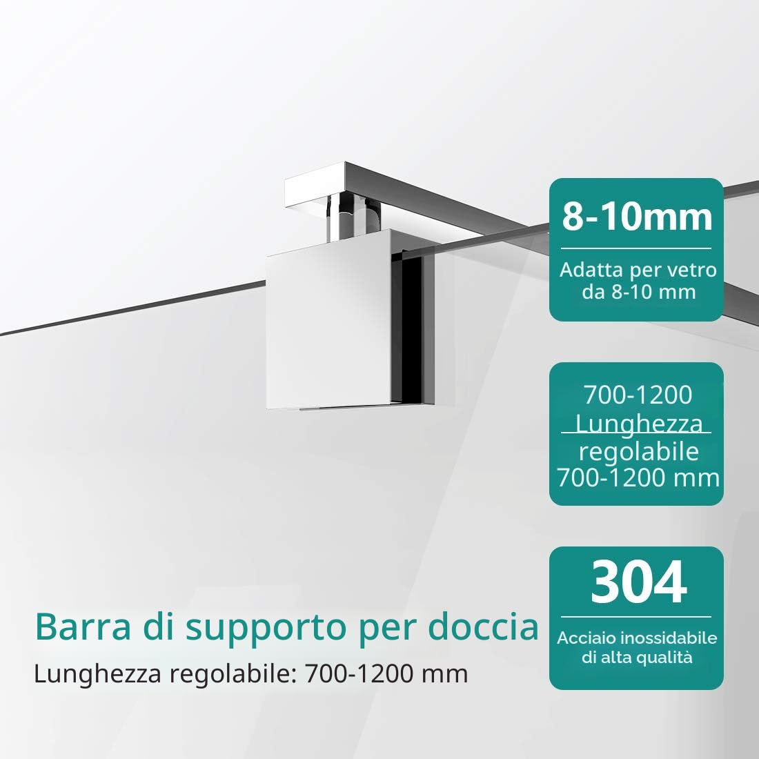 EMKE Barra di supporto telescopica in acciaio inox, per doccia, doccia, pannello bagno, adatta per vetri da 8-10 mm, 700 mm a 1200 mm