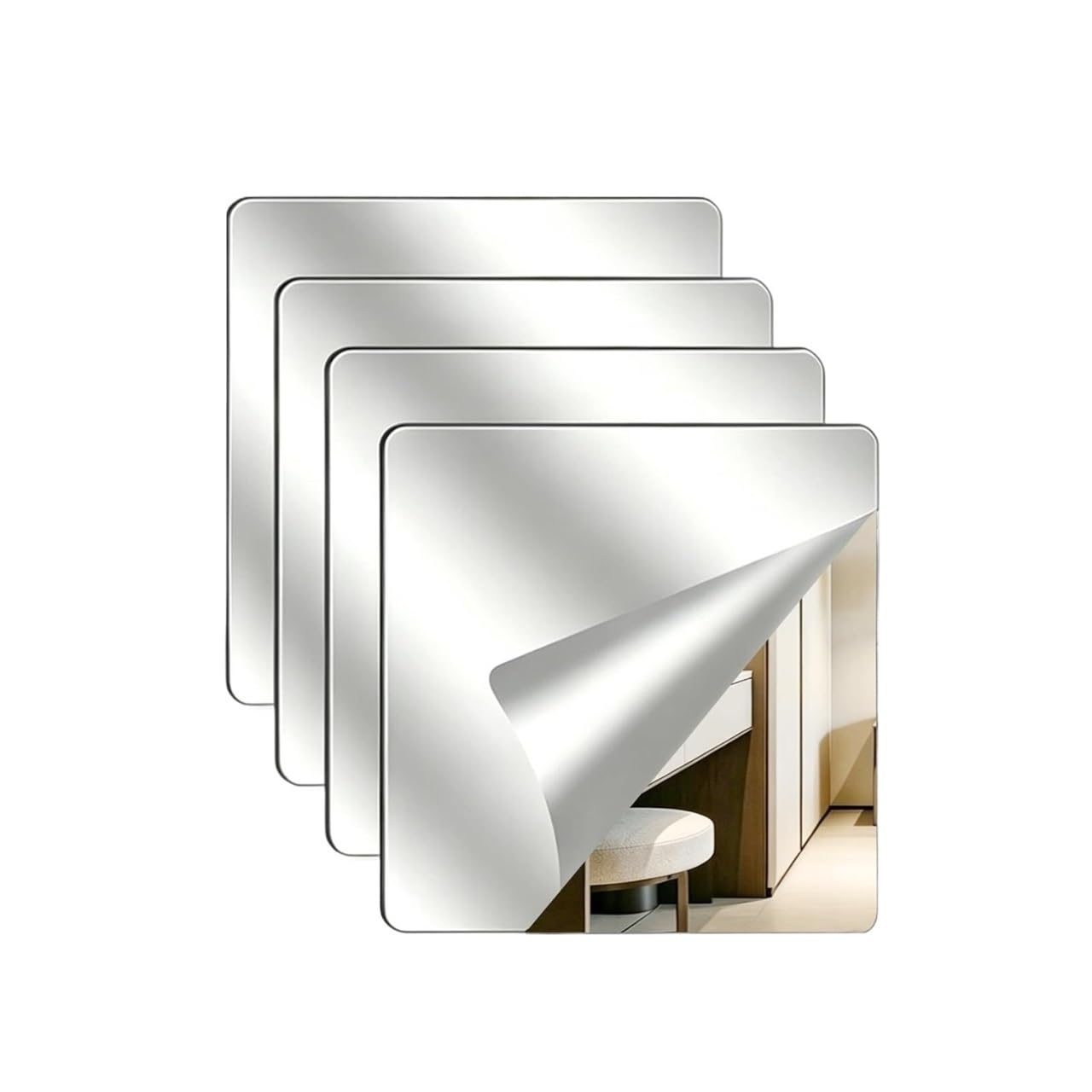 4Pcs Self Adhesive Acrylic Mirror Tiles, Flexible Stick On Mirror Sheets
