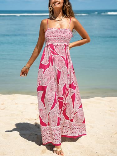 Image of CUPSHE Women's Floral Maxi Dress Spaghetti Strap Summer Boho Beach Dress Smocked Sundress Casual Vacation Flowy Long Dress
