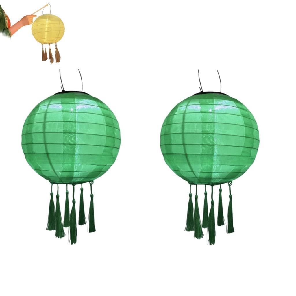 Tefexer 12 Inch Solar Powered Lanterns 2 Pcs LED Garden Decorative Light Round Paper Lanterns with Tassels for Garden Deco, Night Parties, Garden, Family Celebrations