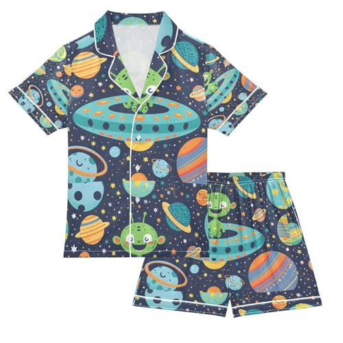 senya Laughing Green Alien Satin Summer Pajama Sets Silk Short Sleeve Button Down Sleepwear