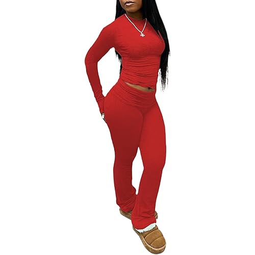 Women's 2 Piece Lounge Sets Crop High Wasit Foldover Flare Leggings Pants Casual Workout Outfits Tracksuit