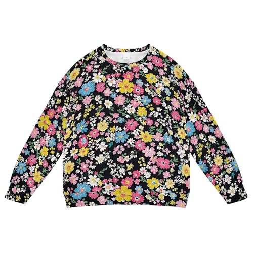 JUNZAN Colorful Flowers Black Big Girls Pullover Hoodie Long Sleeve Outerwear for Kids Athletic 4T