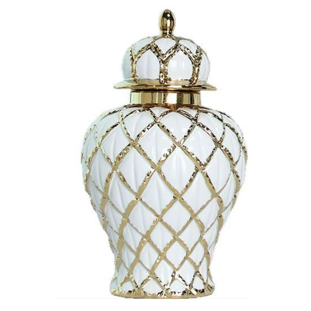 Keramik Ingwer Glas Mit Deckel Weiß Und Gold General Jar Temple Jar Ceramic Storage Jar for Home Crafts Soft Furnishings Vase Dekoration(20 * 33.5cm)