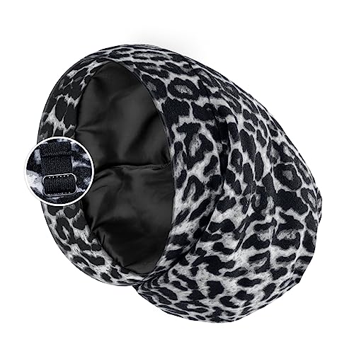 Gorro de dormir con forro de satén, para cabello rizado y trenzas, abrigo de pelo con correa ajustable para mujeres y hombres, leopardo negro, paquete de 1