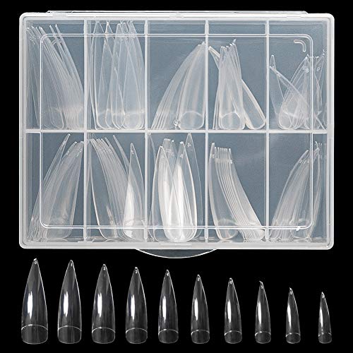 AORAEM Fake Stiletto Nails,100pcs Clear Long Shape Half Cover False Nail Art Tips 10 Size with Box (Clear-100Pcs)