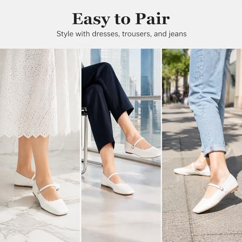 Image of MUSSHOE Square Toe Mary Jane Flats for Women: Comfortable Non-Slip Dressy Business Casual Shoes with Adjustable Strap for Office Work