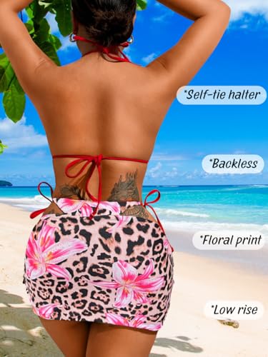Image of ShawGobow Womens 3 Piece Leopard Bikini Set,Triangle String High Cut Thong Sexy Swimsuit & Coverup Skirt,Pool Party Outfit
