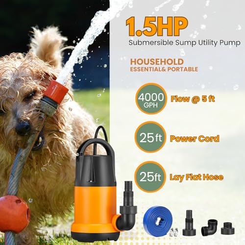 Image of Submersible Sump Pump, Water Pump With 25Ft. Water Hose, Portable Utility Pump, Water Transfer Pump with 25-Foot Cord, 4000 GPH, Ideal for Swimming Pool, Garden Pond, Basement