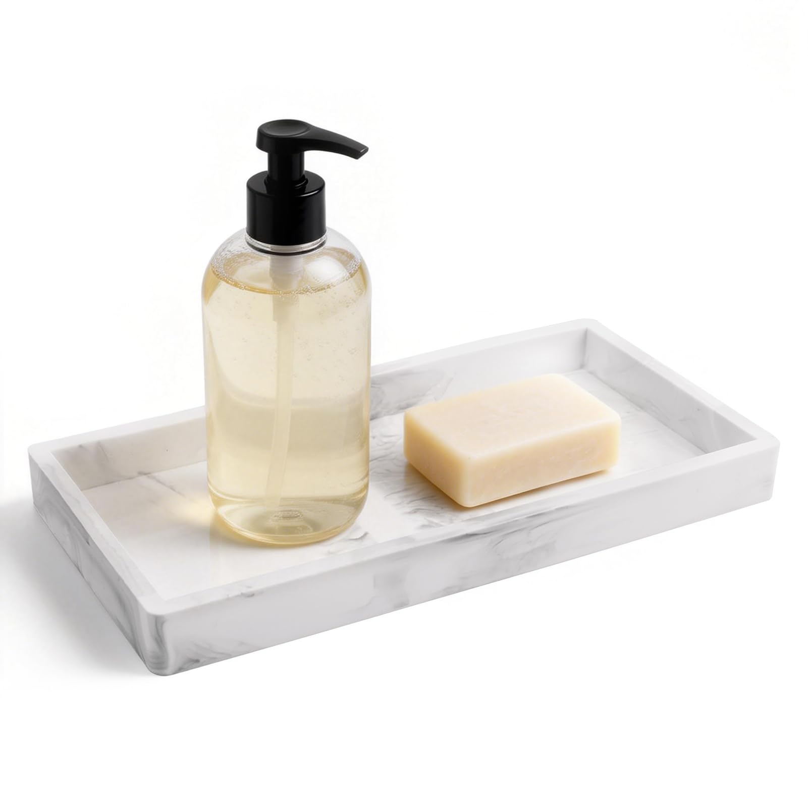 Bathroom Vanity Tray Marble Silicone Soap Dispenser Trays Dresser Jewelry Ring Dish Toilet Tank Storage Trays Kitchen Sink Countertop Organiser for Perfume Candle Soap Shampoo, White 7.9" x 3.9"