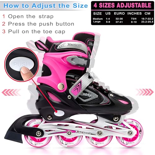 Xino Sports Kids Inline Skates for Girls & Boys - Adjustable Inline Skates with LED Illuminating Light Up Wheels - Youth Skates Can Be Used Indoors & Outdoors (Pink, Medium - 1-4) - Thumbnail 6