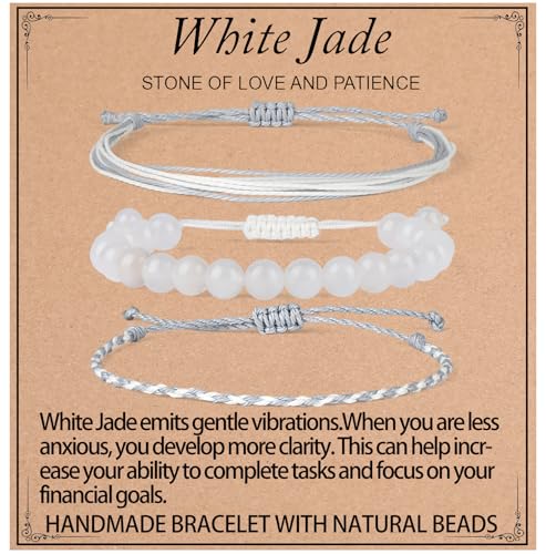 QOGIR Handmade Healing Bracelets,8mm Natural White Jade Gem Stone Beads Bracelet for Men Women Gifts with 2PCS Size Adjustable Rope Bracelets