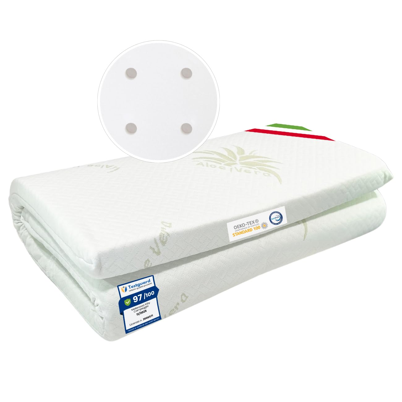 Kiby® Materasso per Lettino da Campeggio (Certificato OEKO-TEX® & CERTIPUR™) in Aloe Vera, Arrotolabile Alto 4 CM