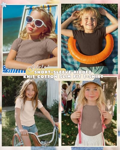 LessonZoo 3 Pack Girls Shirts Cotton Basic Tees Ribbed Knit Slim Fit T Shirts Boat Neck Tops Casual for Kids Ages 5-14(5-6 Years,Cream, Khaki, Light Brown) — view 2