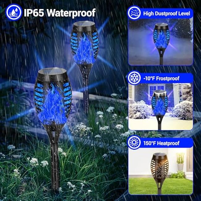 4 Pack Solar Torch Lights Outdoor Waterproof - Blue Flickering Flame, Outdoor Solar Garden Lights for Yard, Tiki Torches for Outside Patio Pathway Decorations