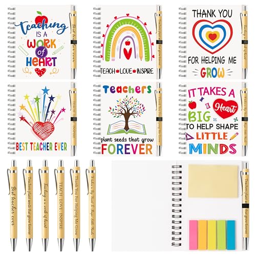 ANGOLIO Lehrer Geschenk Haftnotizenset - 12 Stück Anerkennung Geschenk Bulk Spiral-Notizbuch Include Spiral-Notizbücher Sticky Notepad Bamboo Kugelschreiber (Mehrfarbig Regenbogen)